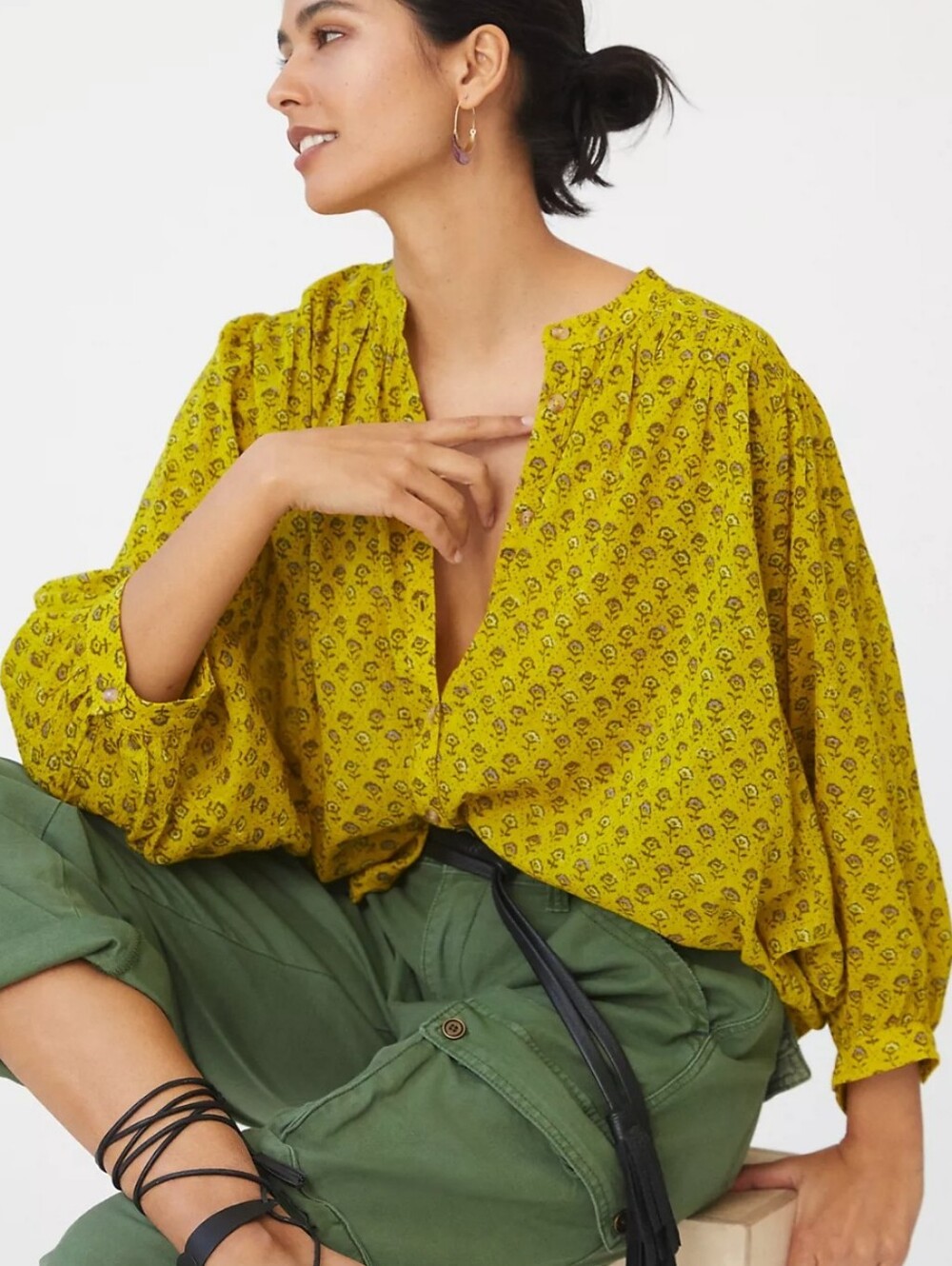Anthropologie Pilcro The Sidney Printed Batwing Button-Down Blouse in Lime M